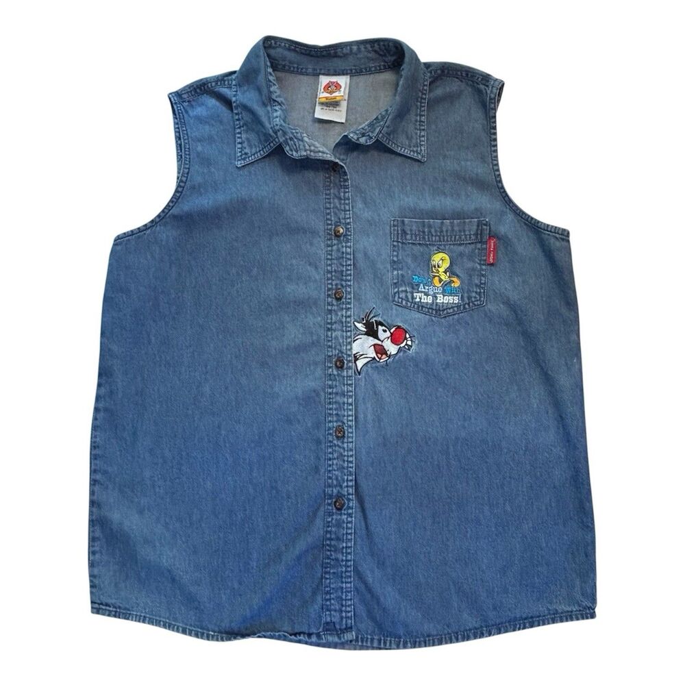Vintage 90s Looney Tunes Denim Sleeveless Tweety Bird Shirt Size 14-16W